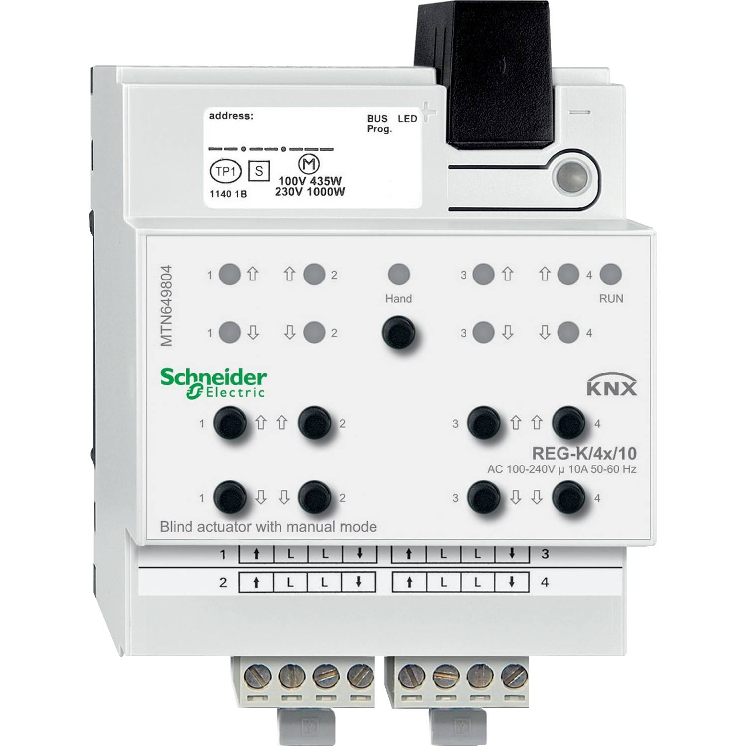 Slika prikazuje KNX-roletni aktor z ročnim upravljanjem podjetja Schneider Electric. Ima vhode za ročno upravljanje in LED-indikatorje.