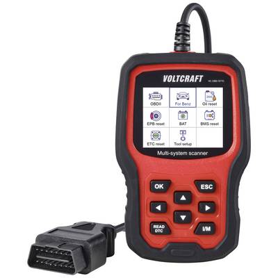 Rdeča OBD2 diagnostična naprava z zaslonom za analizo vozila, prikazuje simbole kot 'OBDII', 'Nastavitev orodja'. Označena z znamko 'Voltcraft'.