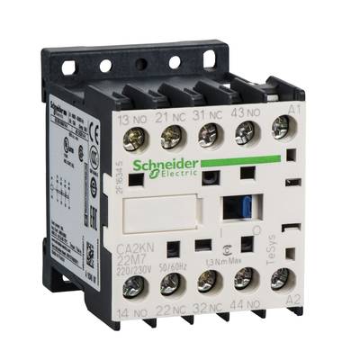 Stikalo 'Schneider Electric', model 'CA2KN22M7', prikazuje sprednjo in stransko view s tehničnimi podrobnostmi in priključnimi sponkami.