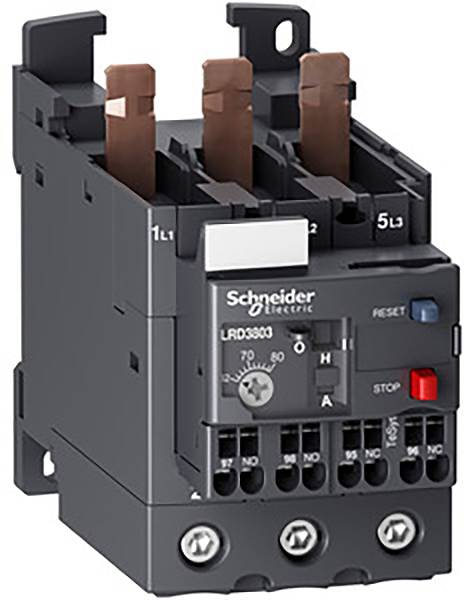 Toplotno preobremenitveno relejevsko stikalo Schneider Electric, model LRD3303, z gumbom za ponastavitev, priključki in nastavitvenim obročem za omejitev toka.