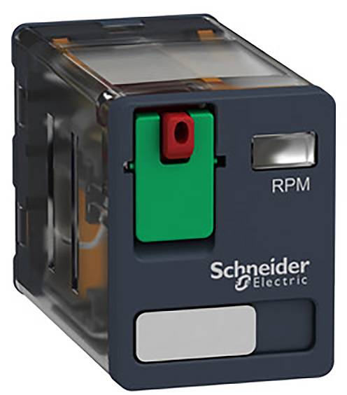 Električno relejevsko stikalo s plastičnim ohišjem, označeno z 'Schneider Electric' in 'RPM', ima rdečo in zeleno tipko za upravljanje.