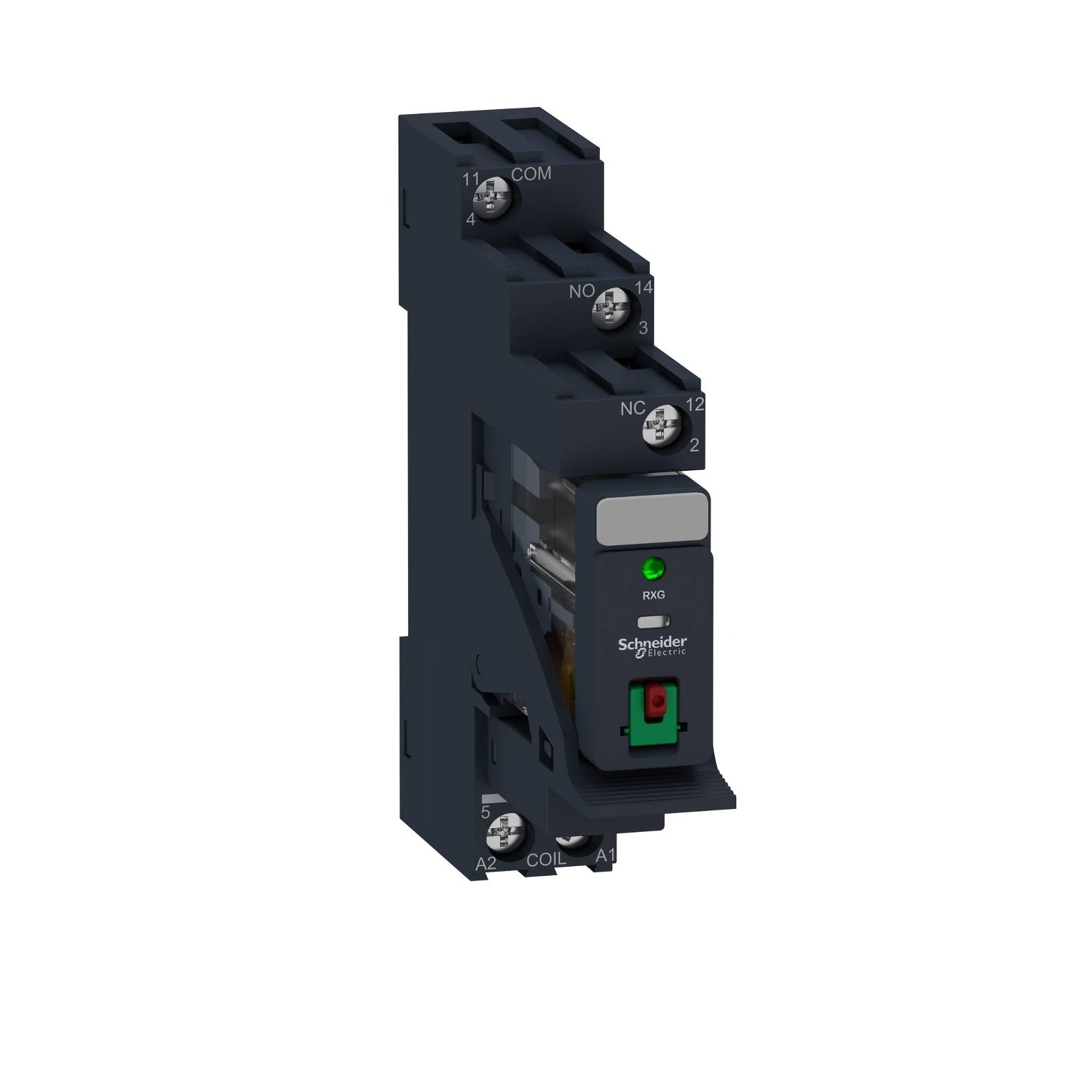 Industrijski rele Schneider Electric, model RXM, prikazuje sprednjo stran naprave z njenimi priključnimi točkami in zelenim vklopnim gumbom.