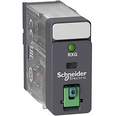 Pravokoten električni rele znamke Schneider Electric, model RXG, s prosojnim ohišjem in zelenim stikalom na sprednji strani.