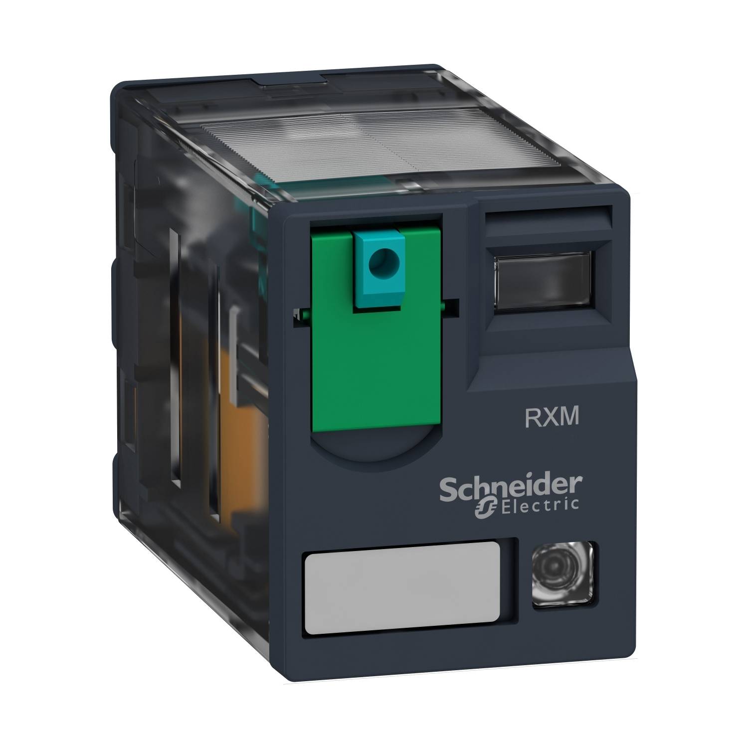 Črno releji podjetja Schneider Electric z zelenim stikalom in napisom 'RXM'.