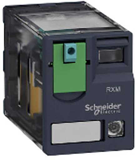 Črn električni relejev sistem podjetja Schneider Electric z zeleno oznako na strani. Model RXM.
