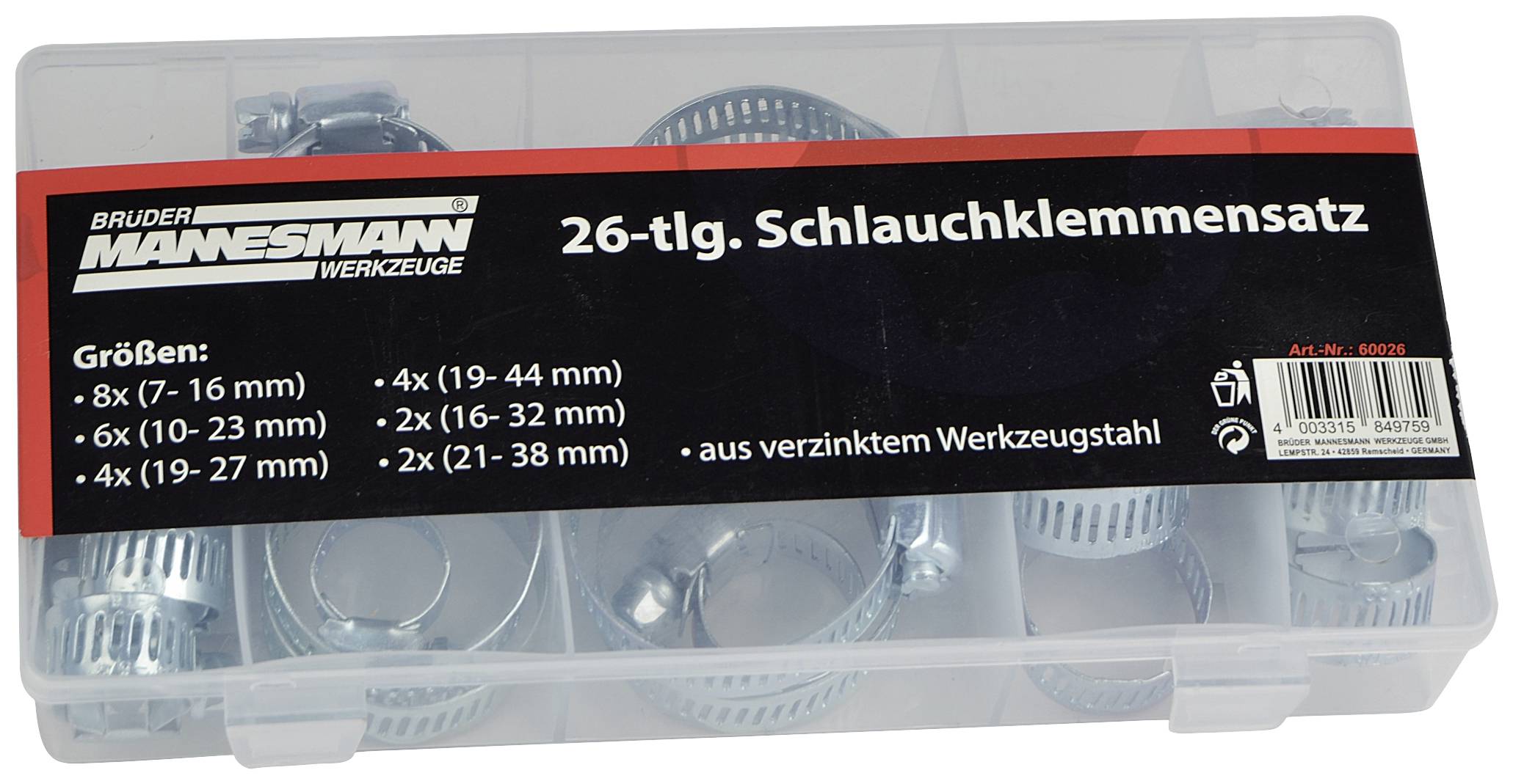 Prosojni zaboj s 26-delnim kompletom objemk za cevi znamke Brüder Mannesmann. Velikosti: 7-16 mm do 21-38 mm.