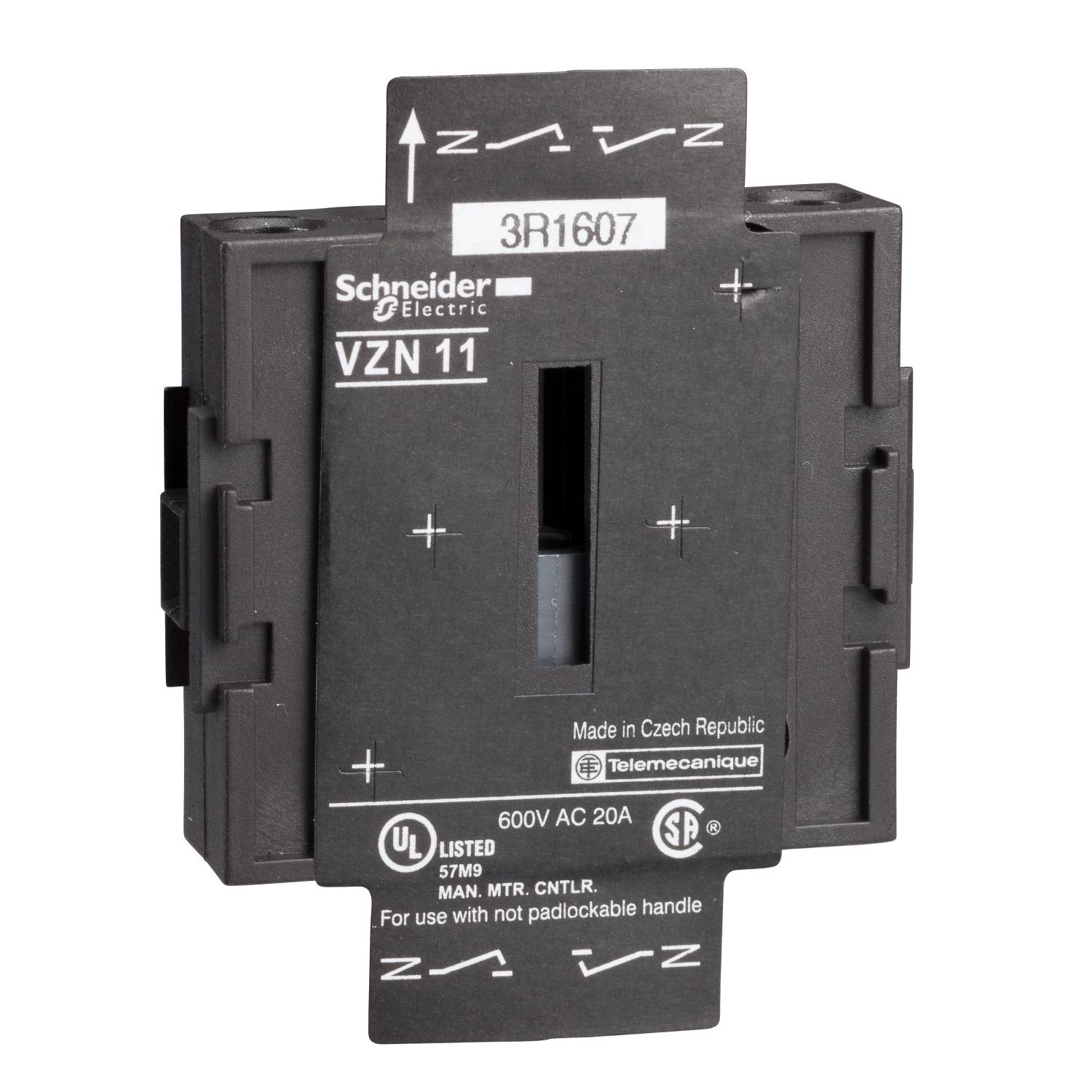 'Schneider Electric VZN 11', črni električni stikalni element, 600V AC 20A, izdelan na Češkem.