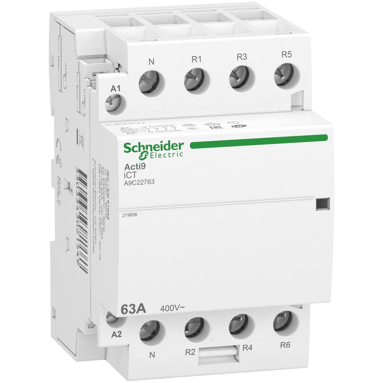 Električni odklopnik Schneider Electric, model 'Acti9 iCT', z 63A, 400V, prikazuje stikalne kontakte in priključke.