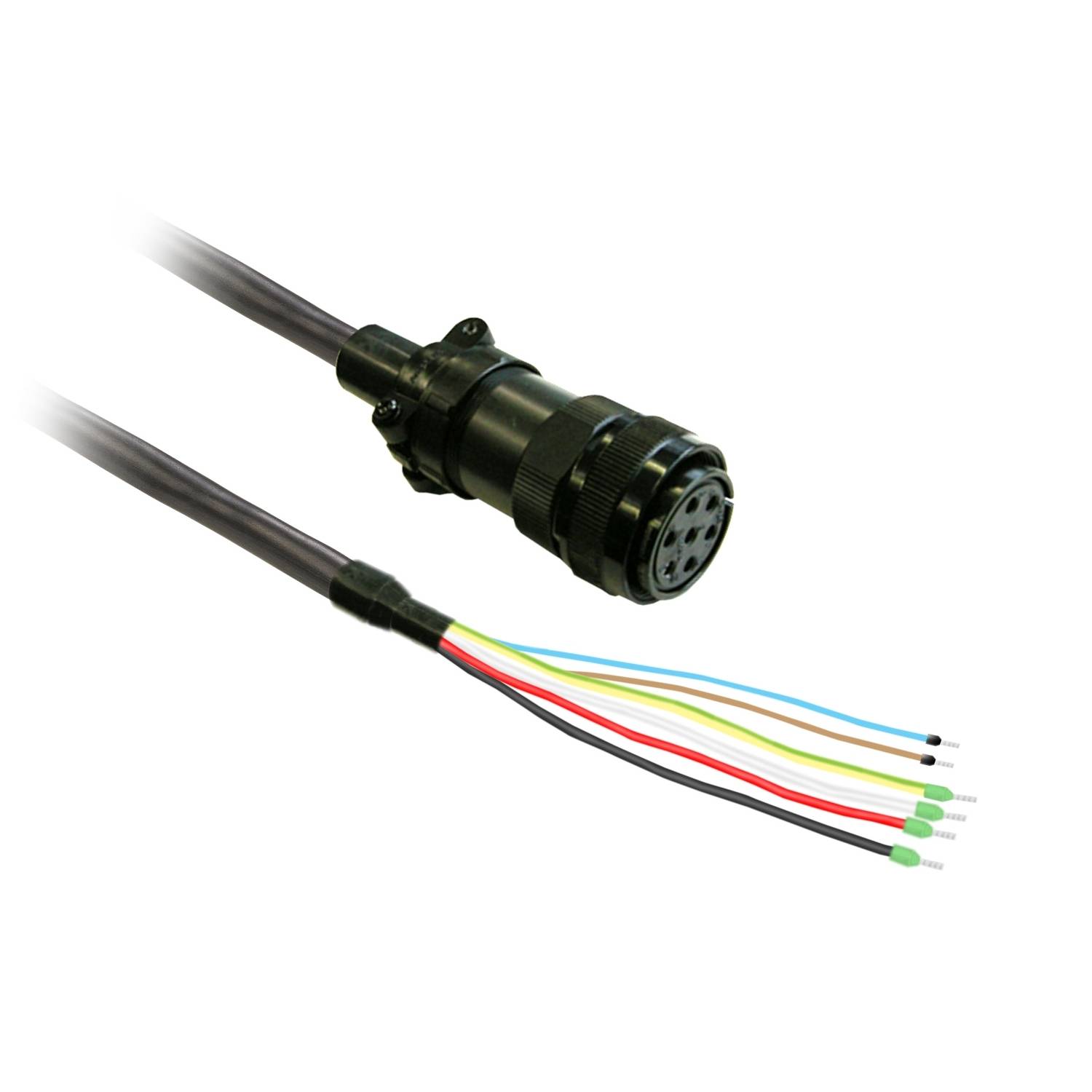 Kabel z večpolnim okroglim vtičem na eni strani in prostimi žičnimi konci na drugi. Primerno za industrijske aplikacije.