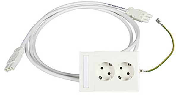 Bel električni adapter z dvojno vtičnico in vtičnico za elektronske priključke, primeren za evropske elektroenergetske sisteme.