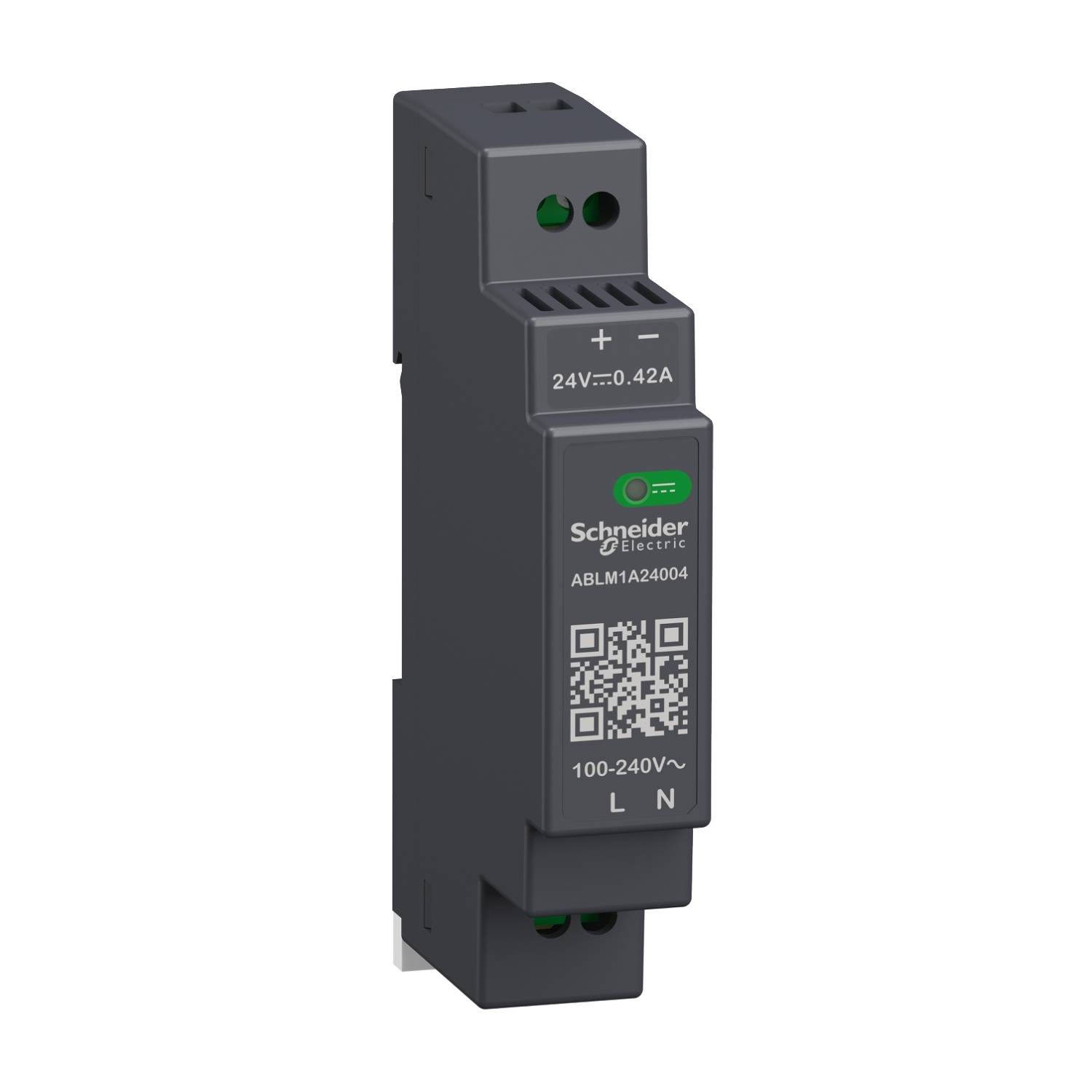 Črna električna naprava z zeleno LED indikacijo podjetja Schneider Electric, modelna številka ABLM1A24004. Priključki za 100-240V~.