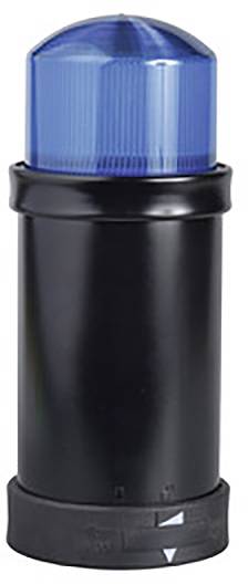 Črn cylinder z modro svetlobno kapo, verjetno opozorilna ali signalna naprava, na beli podlagi.
