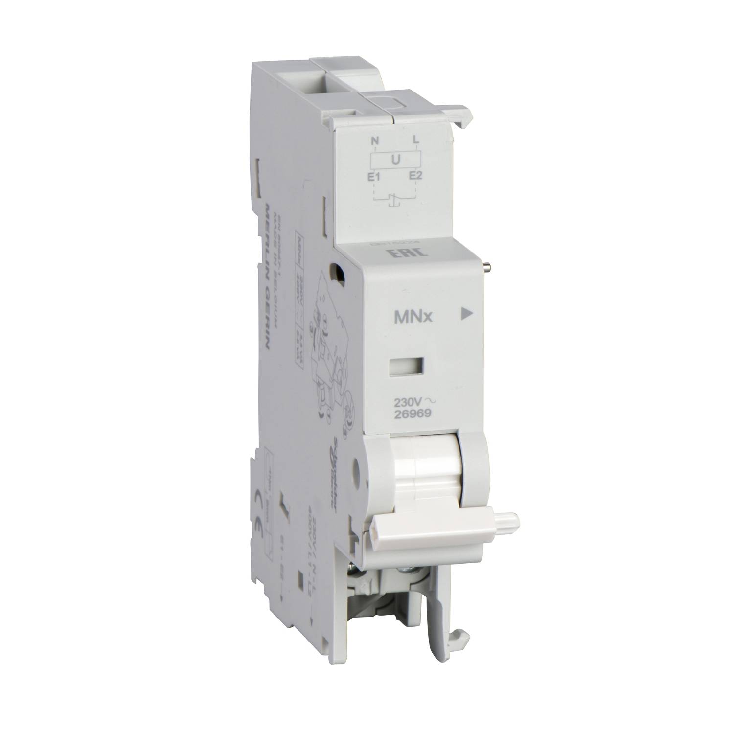 Bela električna stikalna naprava z napisom 'MNx 230V 2609'. Primerna za električne instalacije v stavbah.