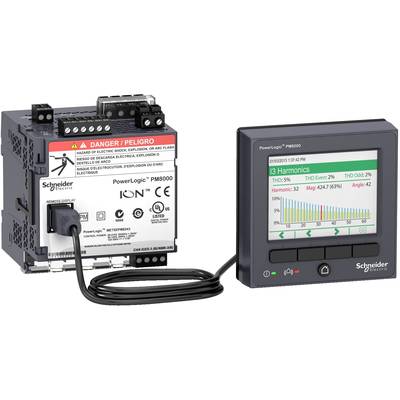 Električni merilnik moči z digitalno prikazovalno enoto. Prikazuje harmonične meritve kakovosti električne energije. Naprava znamke Schneider Electric.