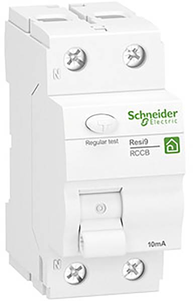 Diferencialnik znamke Schneider Electric z napisom 'Resi9 RCCB', bele barve, uporabljen za varnost v električnih inštalacijah.