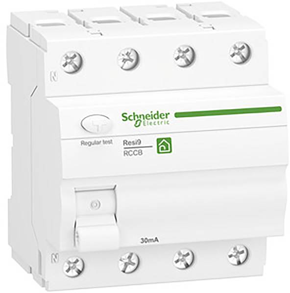 Bel zaščitni odklopnik podjetja 'Schneider Electric' z zeleno oznako in napisom, primeren za 30mA omejitev toka.