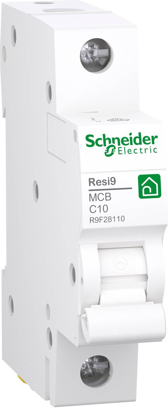 Preklopni odklopnik znamke Schneider Electric, model Resi9 MCB C10, prikazan v beli barvi z zelenim logotipom v levi zgornji polovici.
