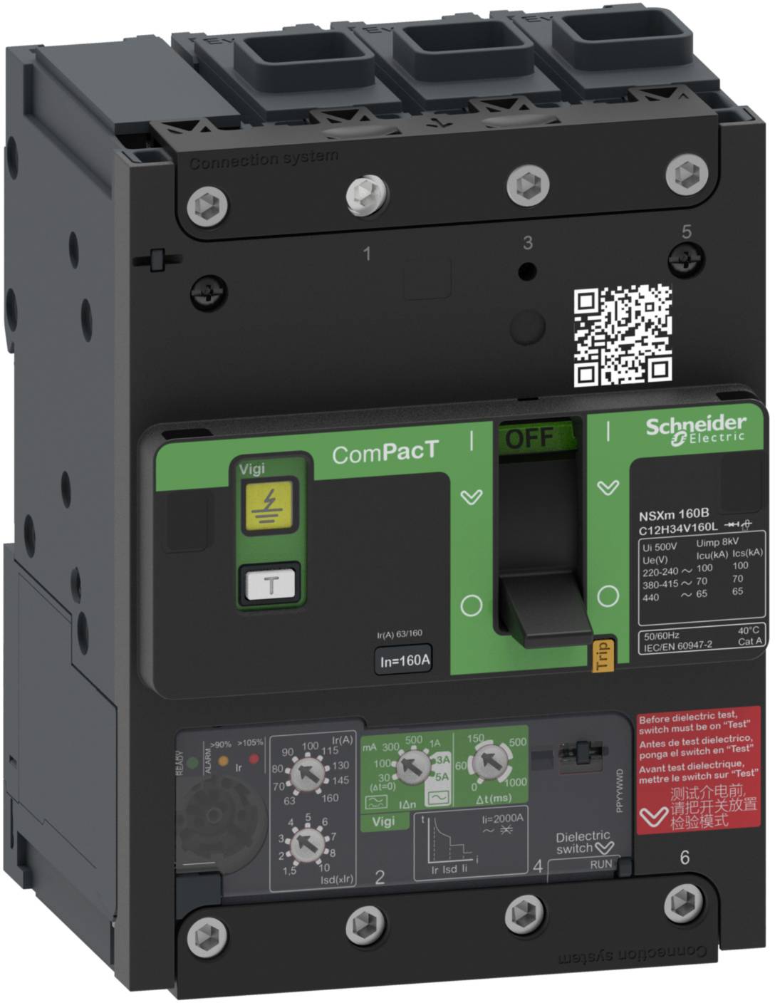 Preklopni odklopnik Schneider Electric z napisom 'ComPacT', zeleni in črni ročaj, QR-koda, več priključkov.