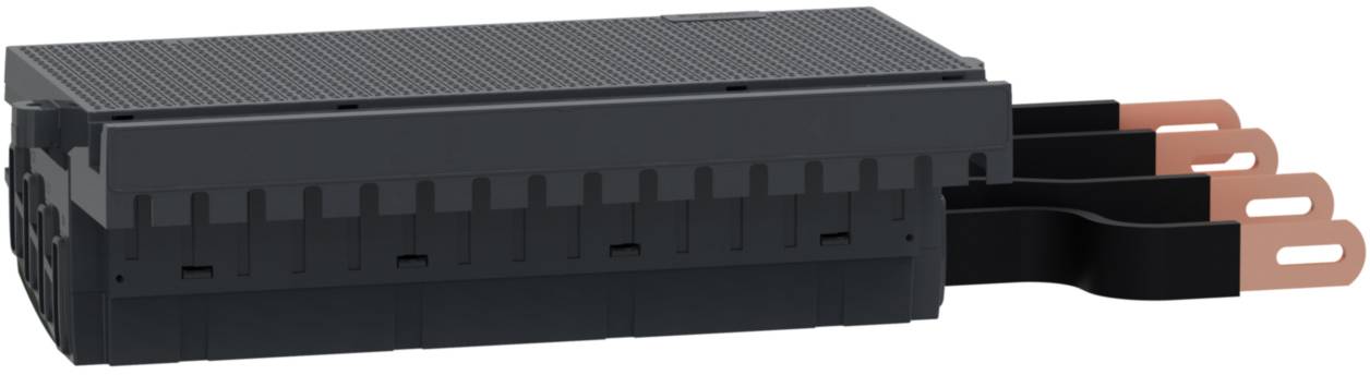 Črn, pravokoten elektronski element s tremi bakrenimi priključki na desni strani.