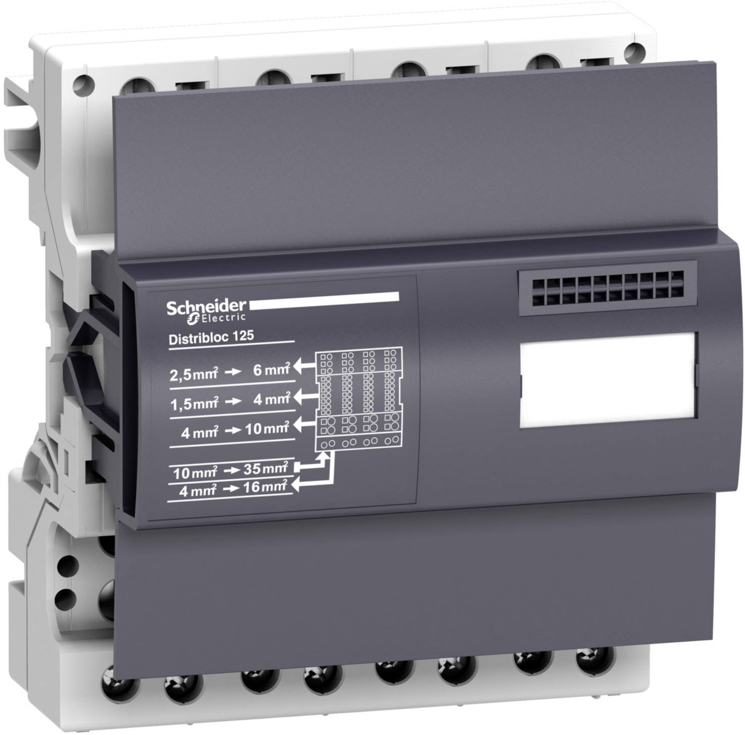 Črni porazdelitveni blok podjetja Schneider Electric z navedbami za preseke kablov od 2,5 mm² do 35 mm² in od 4 mm² do 16 mm².