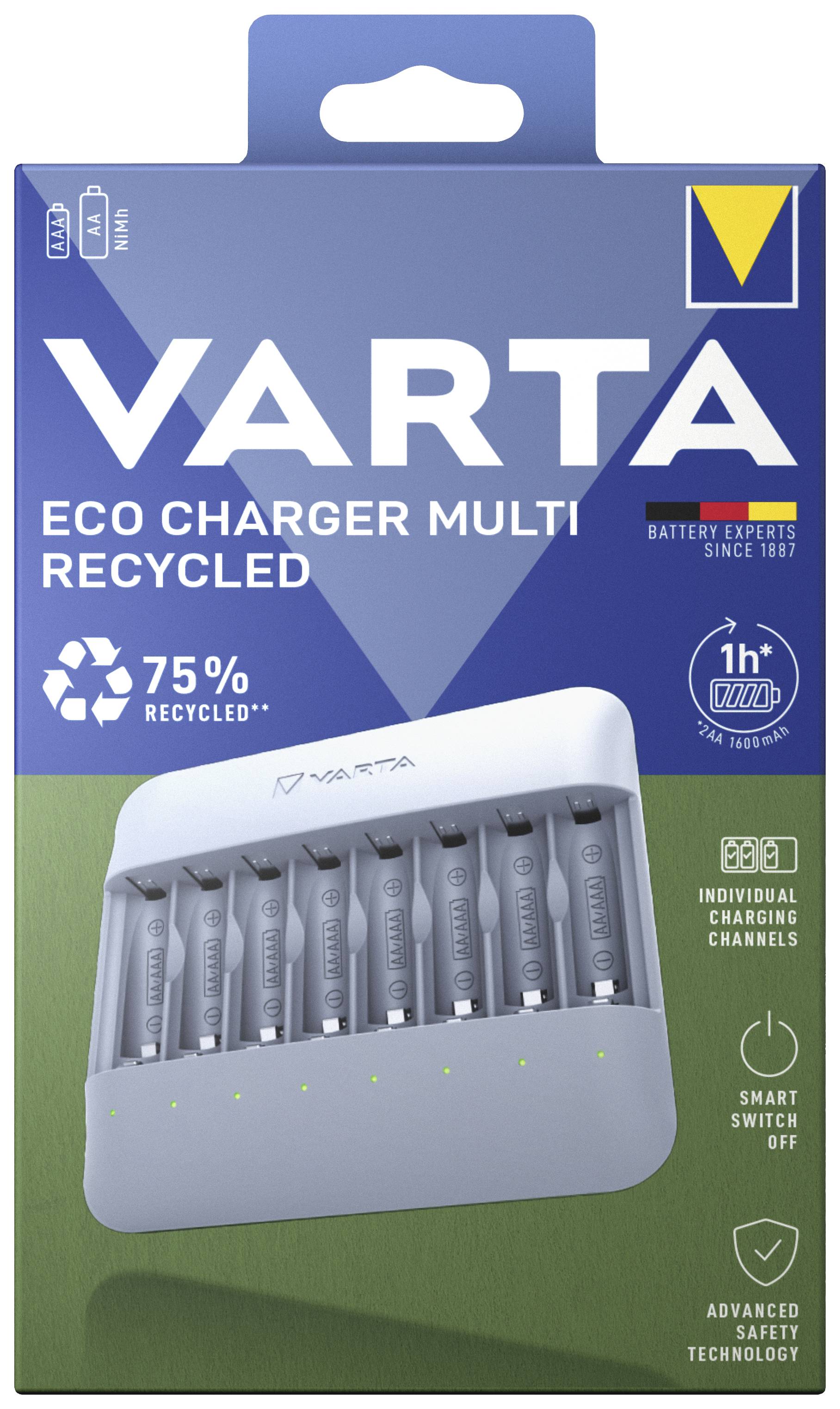 Polnilec VARTA, varčen z energijo, izdelan iz 75% recikliranega materiala. Prikazuje polnilec z osmimi polnilnimi kanali. Individualne funkcije polnjenja.