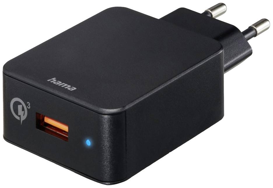 Črni USB polnilnik z enim priključkom, blagovne znamke 'hama' z modro LED indikatorsko lučko na sprednji strani.