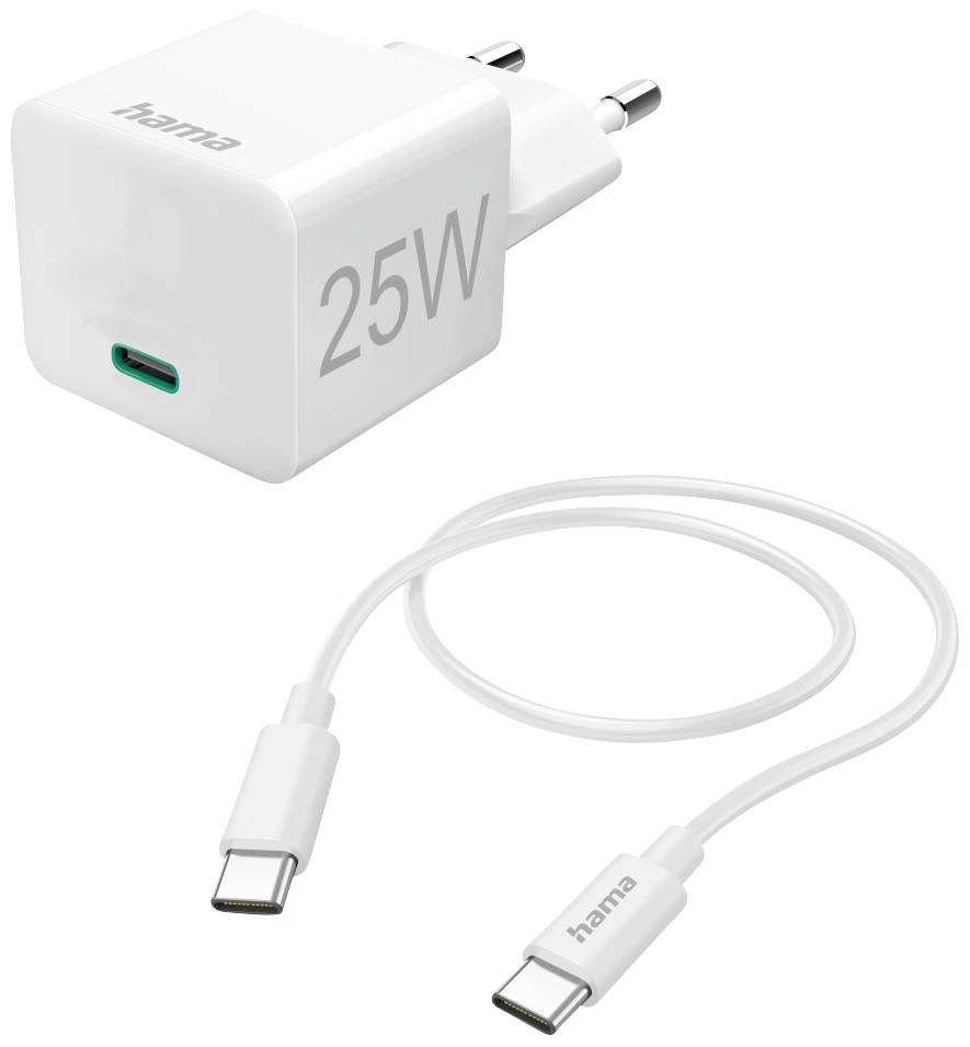 'Belo Hama 25W USB-C polnilec in kabel. Adapter ima EU vtič in USB-C priključek. Kabel ima USB-C vtič na obeh koncih.'