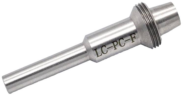 Kovinski vtični adapter z napisom 'LC-PC-F', cilindričnih oblik z rebrasto obročko blizu konice. Pretežno srebrne barve.