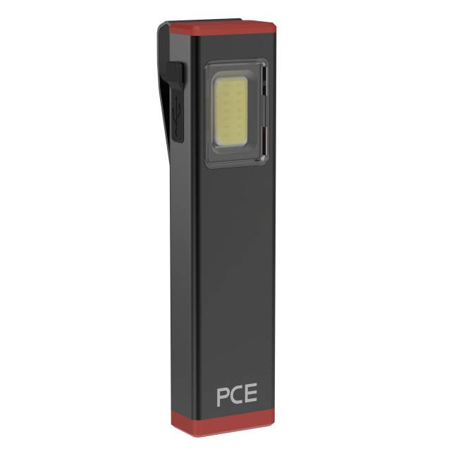 Črna LED-svetilka z rdečim robom. Pravokotne oblike, znamke 'PCE'. Ima stranski posnetek in USB-priključek.