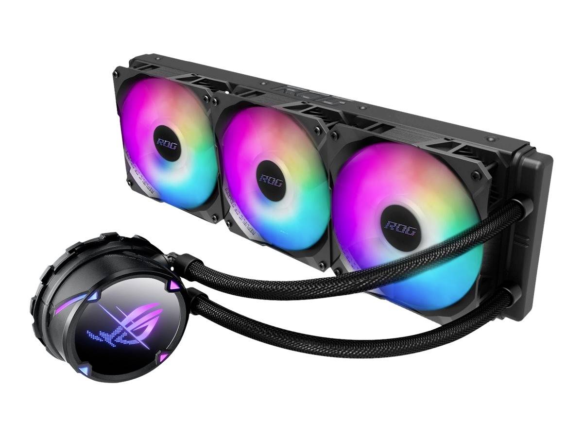 Namizni računalniški hladilnik za gaming z RGB osvetljenimi tremi ventilatorji in črpalko z osvetljenim logotipom, povezanimi s cevmi.