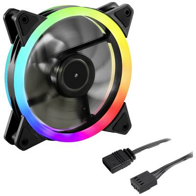 Računalniški ventilator z RGB LED osvetlitvijo v različnih barvah. Poleg so priključki za napajanje.