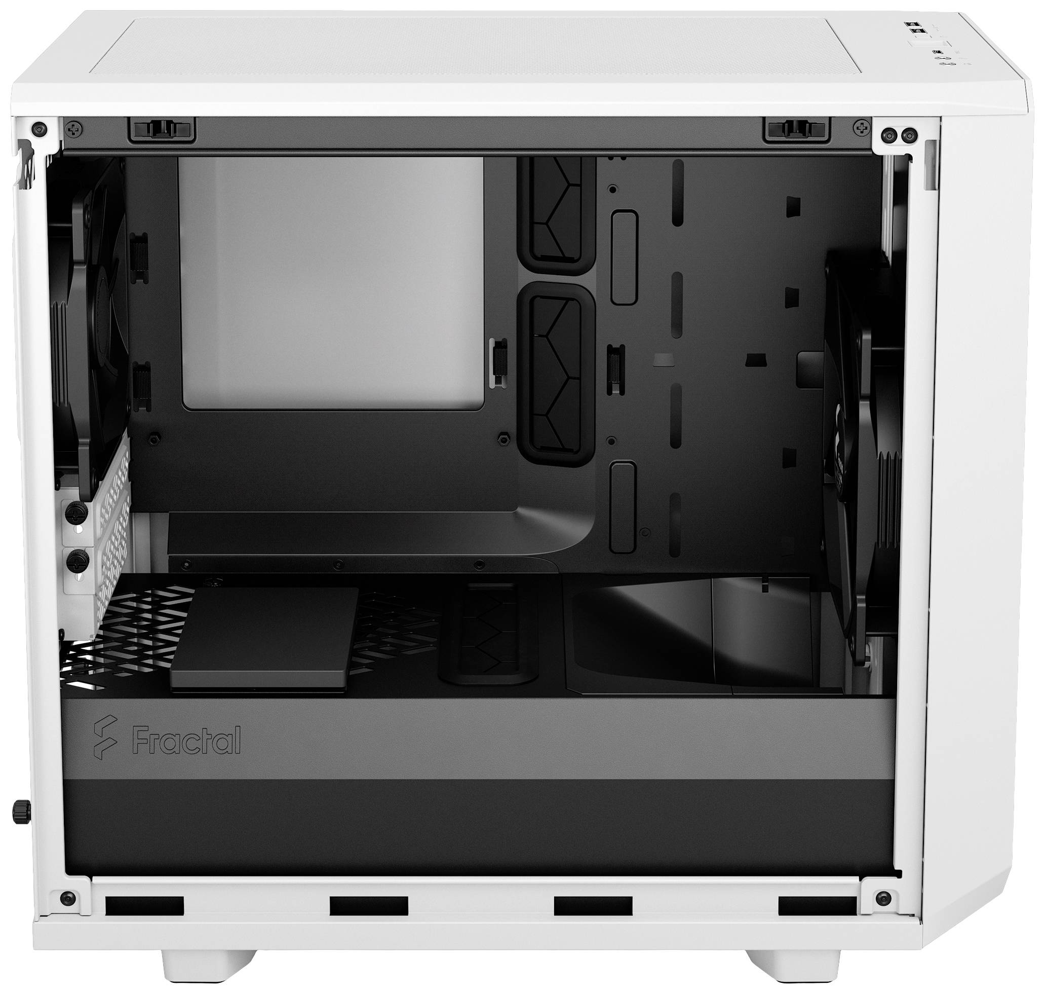 Prazen bel ohišje računalnika, prikazan s strani z odprtim panelom, nudi prostor za komponente PC-ja.