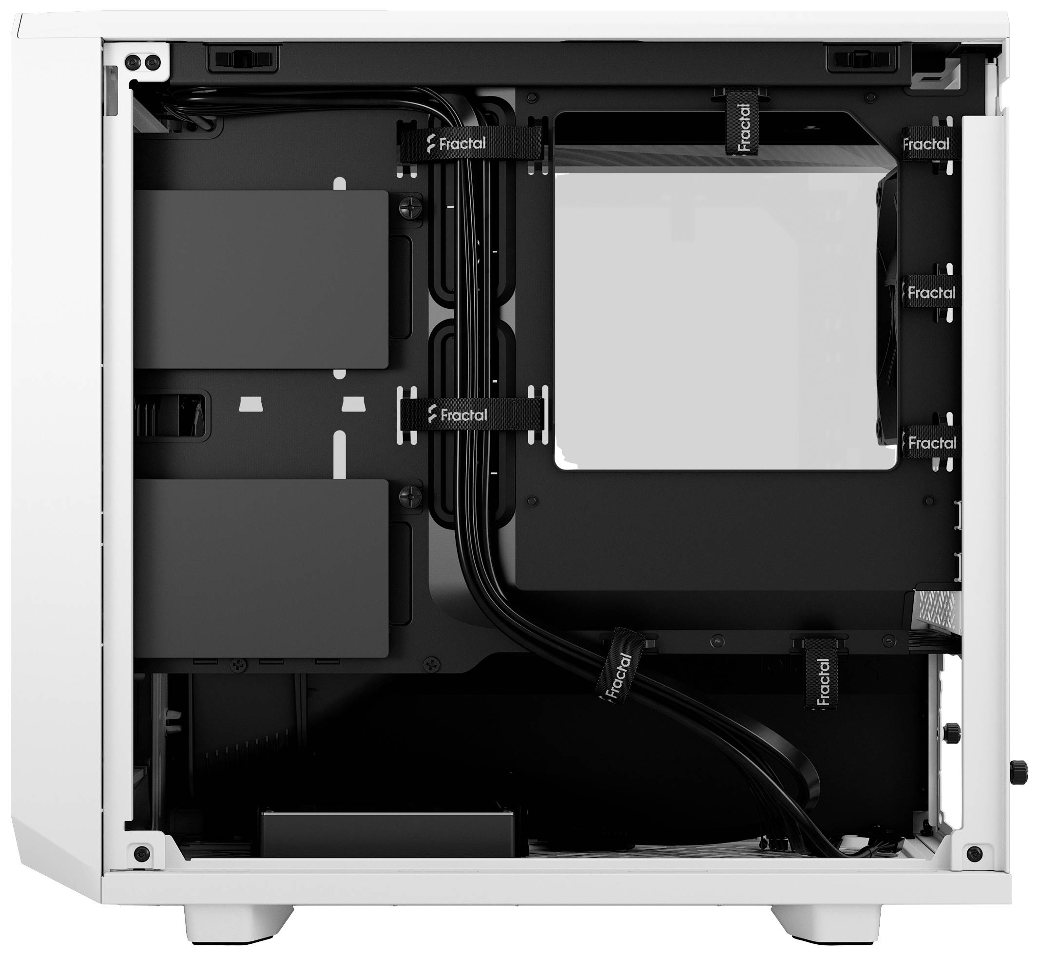 Notranjost ohišja računalnika: Prazen, bel PC-tower z elementi za upravljanje kablov in nosilci podjetja Fractal.