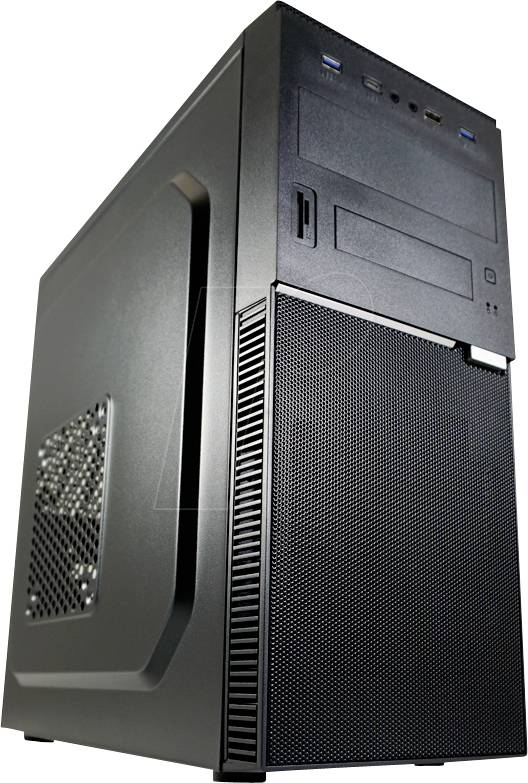 Črno-sivo ohišje računalnika z prezračevalnimi mrežicami, dvema USB priključkoma, priključkom za slušalke in prostori za CD/DVD pogone na vrhu.