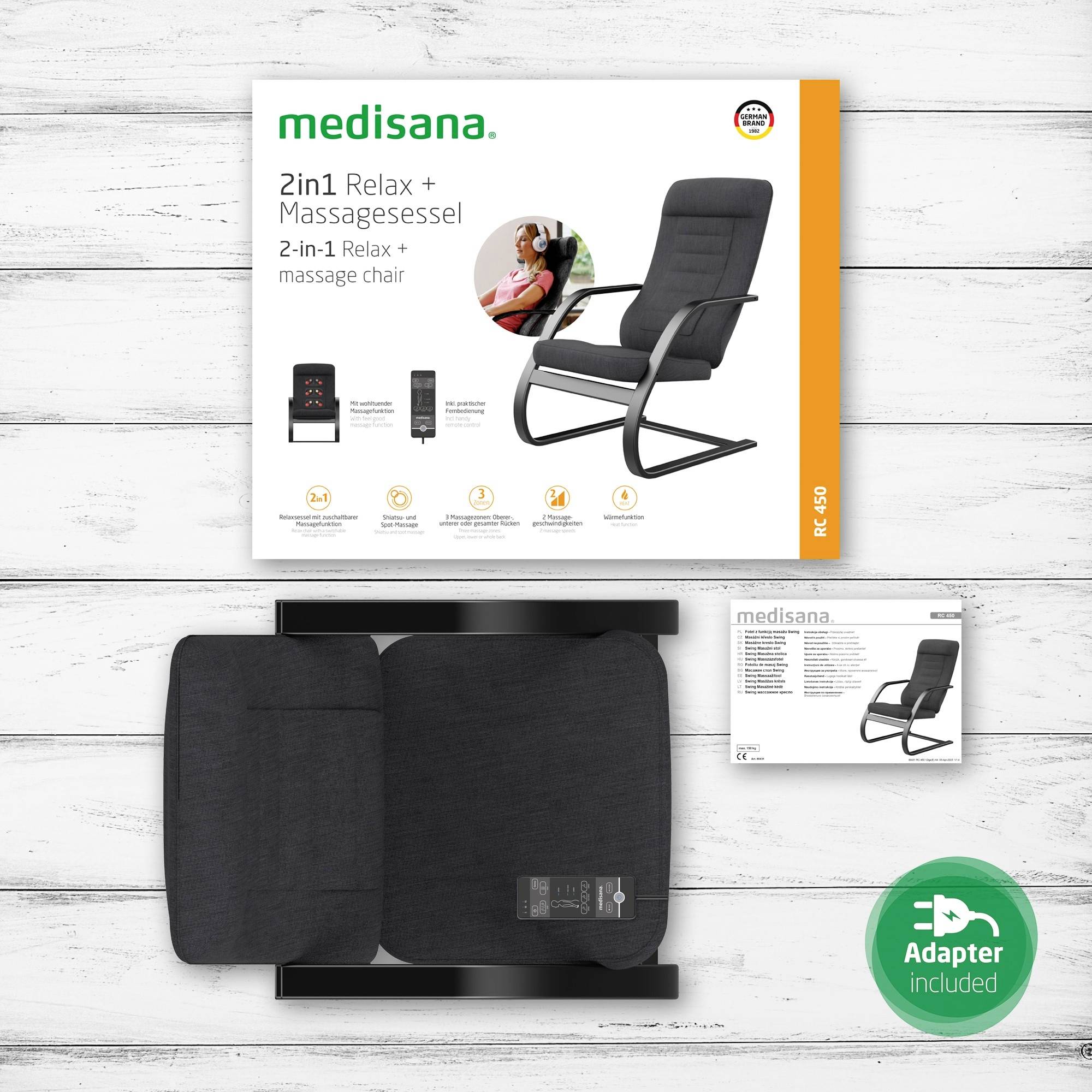 Embalaža 2-v-1 relax in masažnega stola podjetja Medisana. Prikazuje sliko stola, prednosti in opombo 'adapter priložen'.