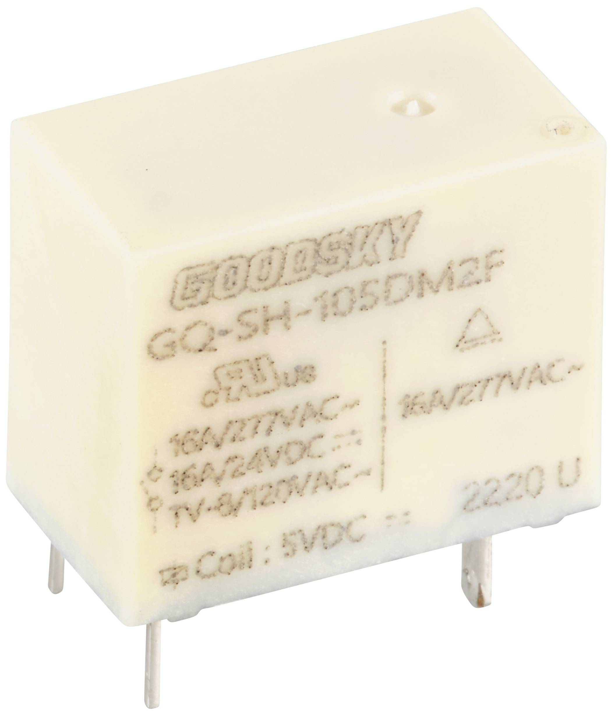 Belo pravokotno relejev z kovinskimi igli in napisom: 'GOODSKY GQ-SH-105DM2F' ter tehnično specifikacijo v voltih in amperih.