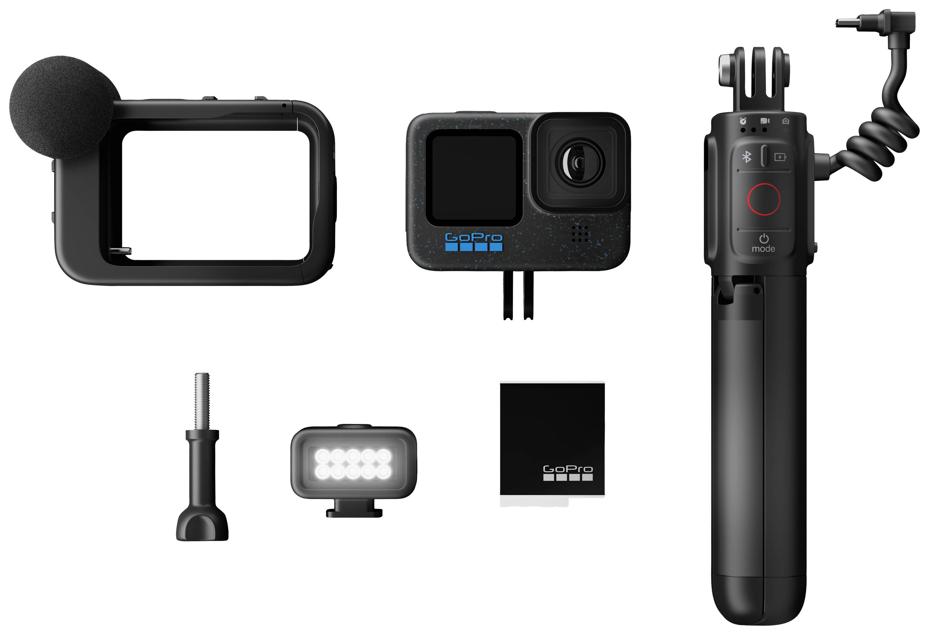 GoPro komplet kamere z mikrofonom, stativnim ročajem, baterijo in LED-lučjo. Idealen za snemanje videoposnetkov in vloganje.