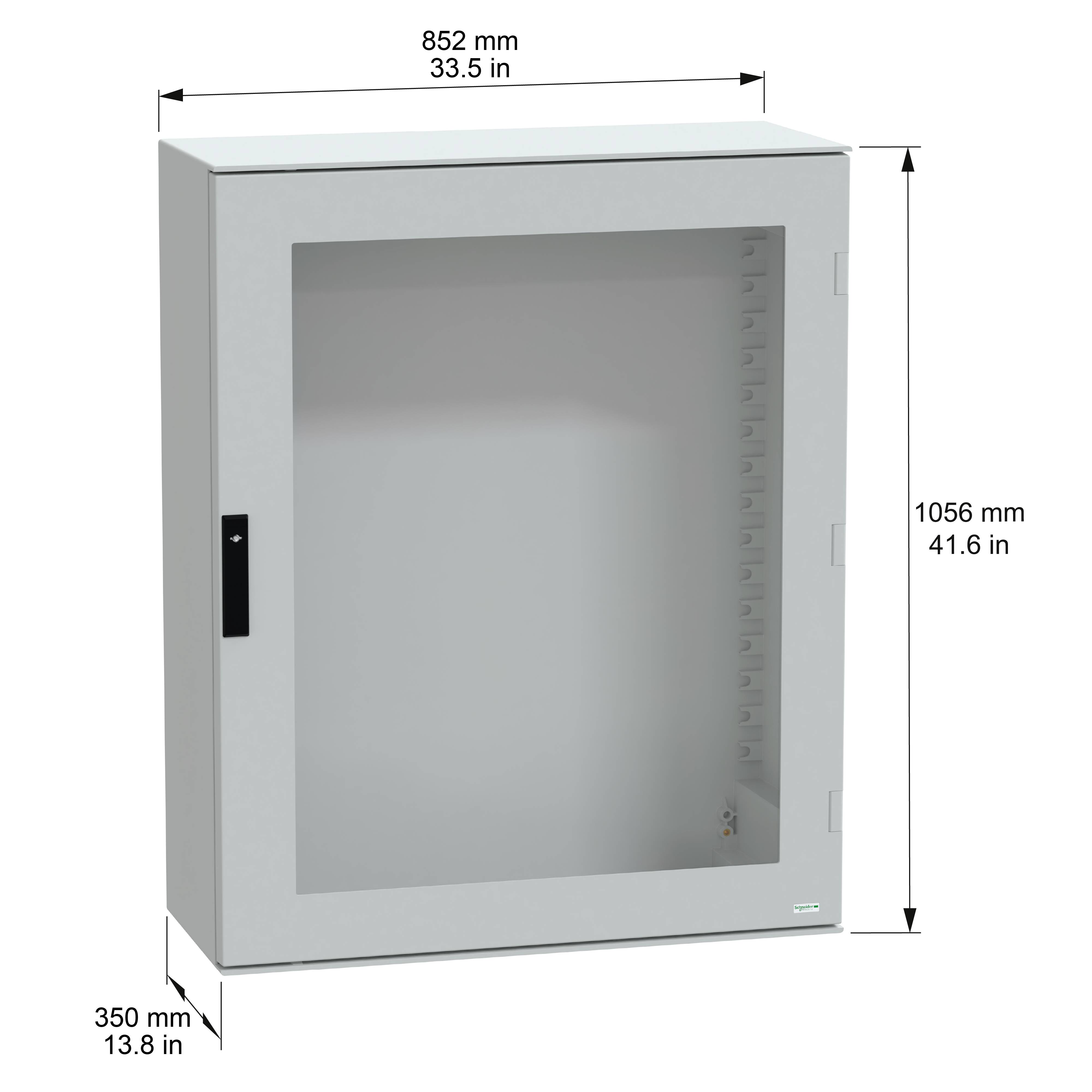 Stenski kabinet s prozorno sprednjo stranjo, velikosti 852 mm (33,5 in) širine, 1056 mm (41,6 in) višine in 350 mm (13,8 in) globine.