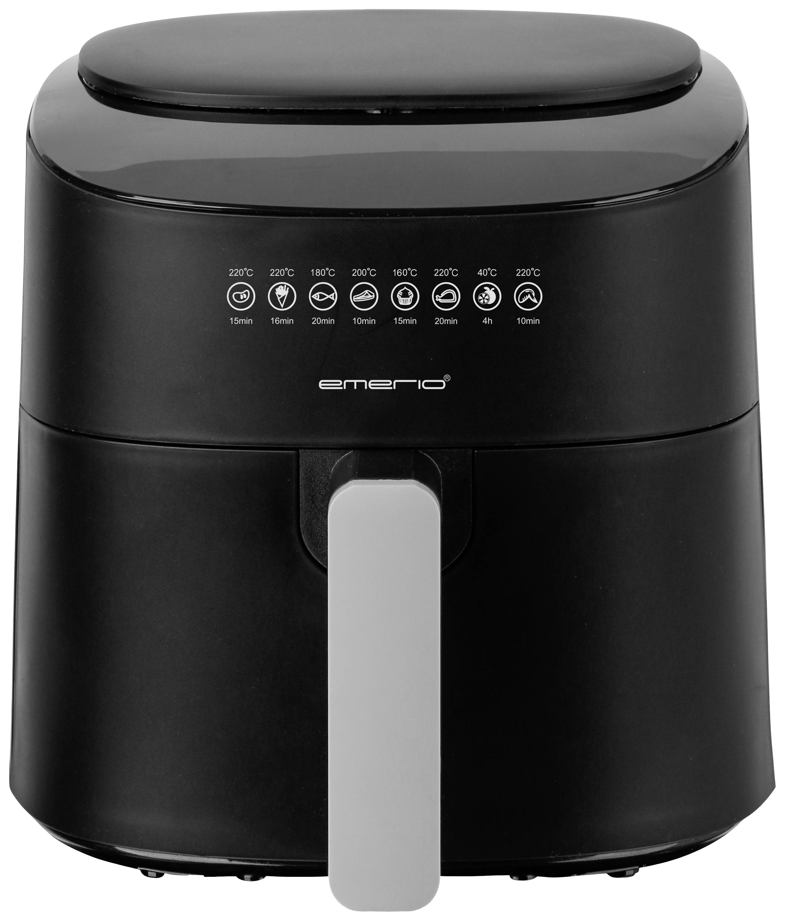 Črn air fryer z digitalno prikazovalno ploščo in nastavitvijo temperature. Primeren za pečenje z malo maščobe in kuhanje.