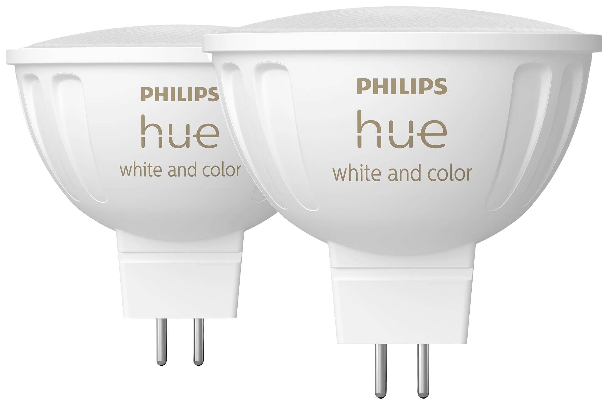 Dve LED-luči znamke Philips Hue, bele in barvne, z vtičnico GU10, za pametno razsvetljavo.