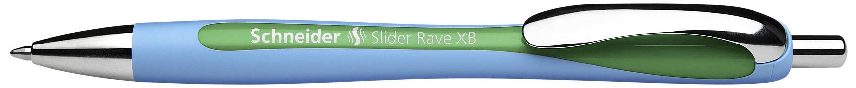 Moder in zelen kemični svinčnik znamke Schneider, model Slider Rave XB, s srebrnim sponkam in konico.