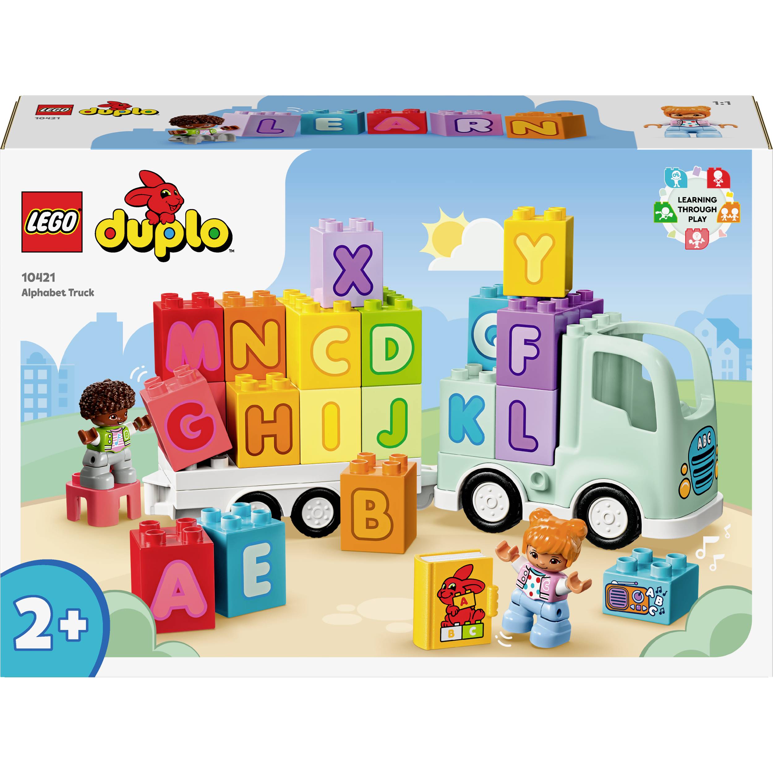 Lego Duplo set z abecednim tovorjakom in gradniki, ki vključuje črke od A do Ž. Vsebuje figurice in barvito tovornjak igračo. Primerno za otroke od 2. leta starosti.