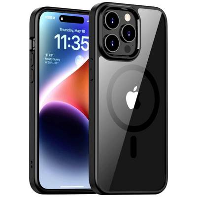 Pametni telefon s črnim zaščitnim ovitkom z vidnim logotipom Apple. Na zaslonu so prikazani datum, ura in vremenski podatki.