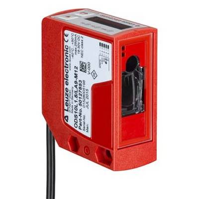Rdeč optični senzorski sistem znamke Leuze Electronic, model ODSL 9, s kabelskim priključkom in nalepko, ki prikazuje tehnične specifikacije.