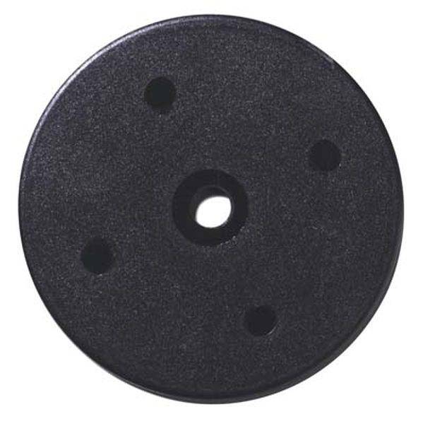 Okrogel, črn posamezen del z luknjo na sredini in štirimi manjšimi luknjami okoli nje. Verjetno komponenta ali adapter.