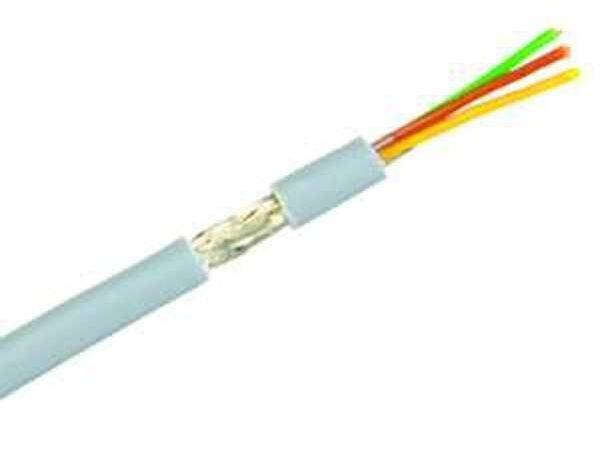 Olščen kabel z več barvnimi žicami: zeleno, oranžno, rumeno in rdečo. Primeren za tehnično ilustracijo električnih komponent.