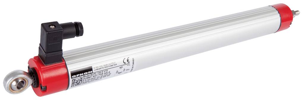Linearni merilnik poti s cilindričnim kovinskim ohišjem, zglobno glavo na enem koncu in električnim priključkom na drugem koncu.