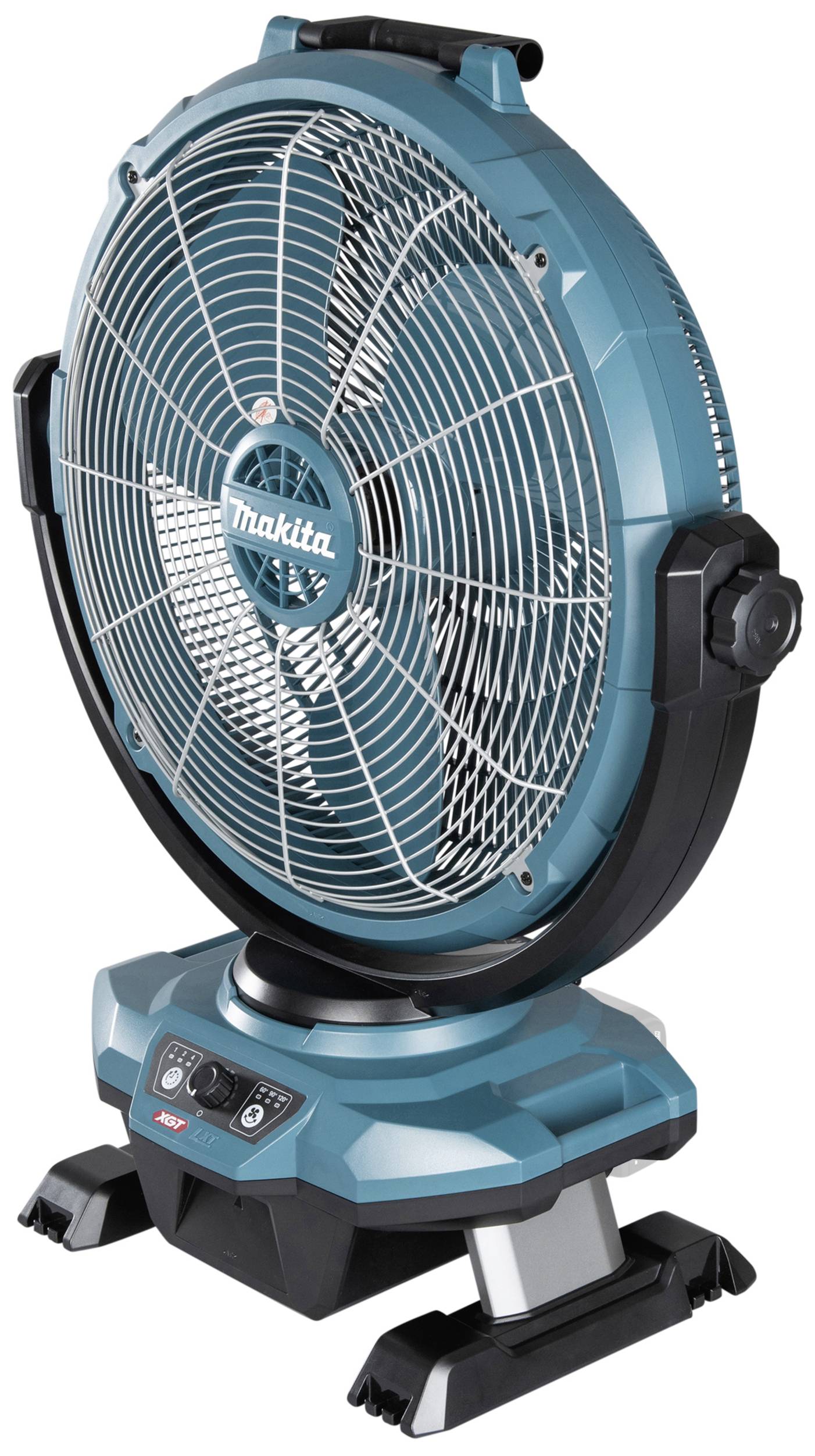 Moder stoječi ventilator z okroglim zaščitnim mrežastim pokrovom, ki ščiti rotacijske liste. Stabilen podstavek z upravljalnimi elementi na osnovi.
