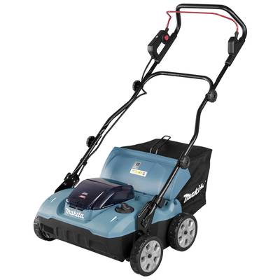 Zelen električni vertikutator znamke Makita s črnim ročajem in kolesi.