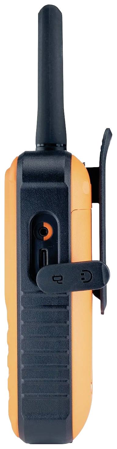 'Pomarančasti Walkie-Talkie, pogledan s strani, z črnim ohišjem, črno anteno in vidnim USB priključkom.'